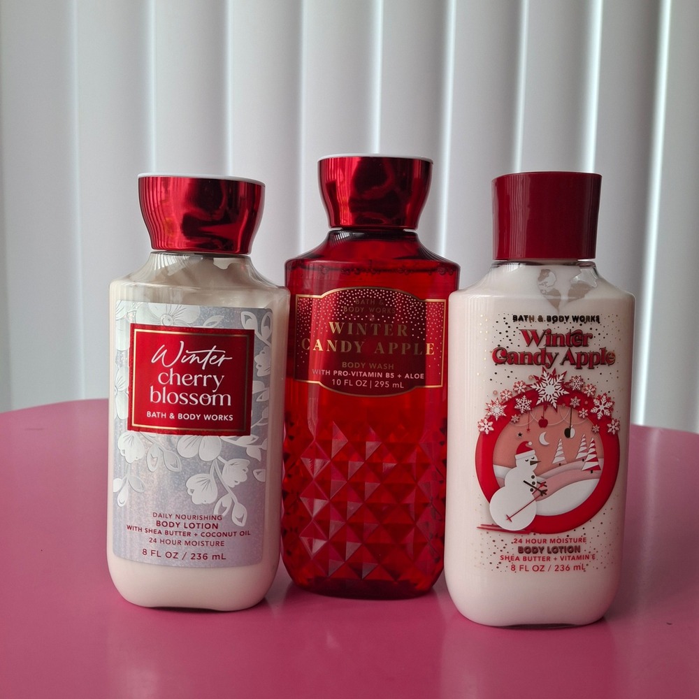 Bath & Body Works WINTER CANDY APPLE WINTER CHERRY BLOSSOM Lotion Wash Set 3pc
